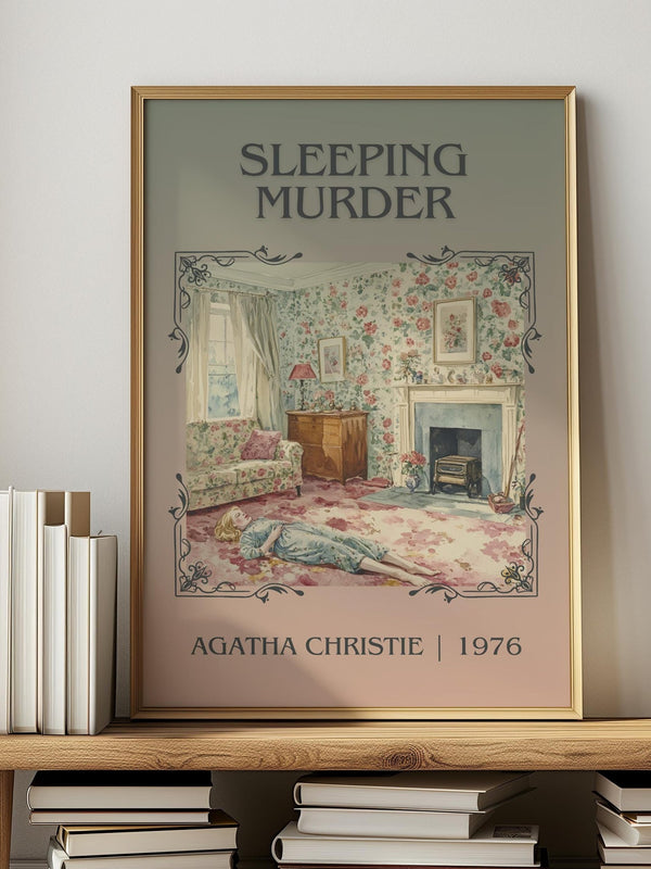 Sleeping Murder classic book art print in frame leaning in hallway – mystery wall art