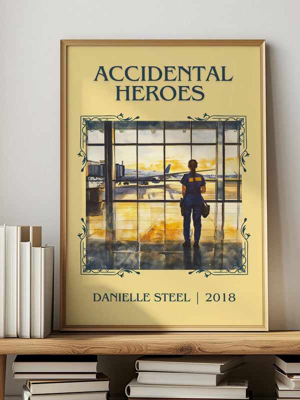 Accidental Heroes classic book art print in frame leaning in hallway – contemporary fiction wall art