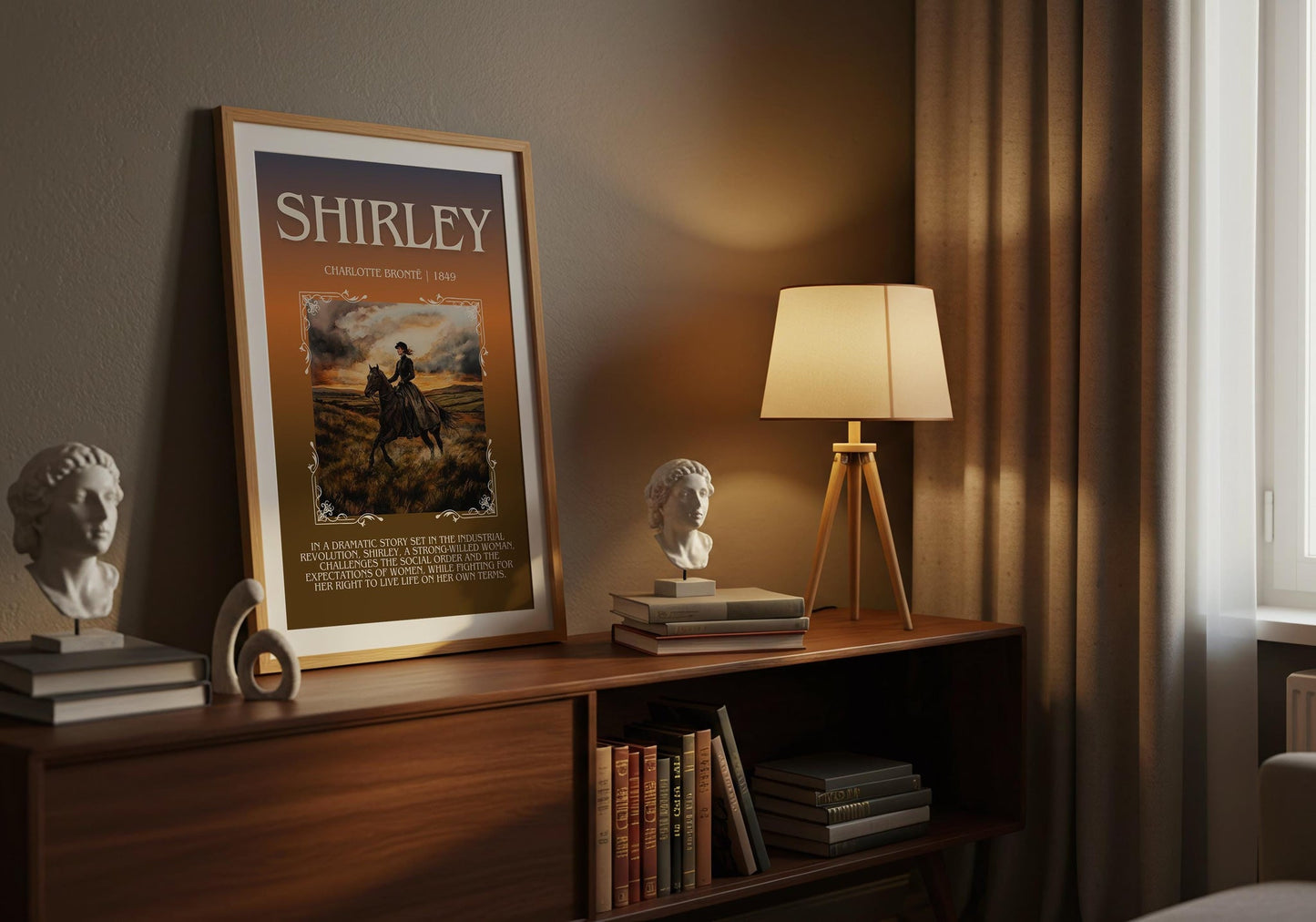 Shirley minimalist print on bookshelf – Charlotte Brontë fan gift