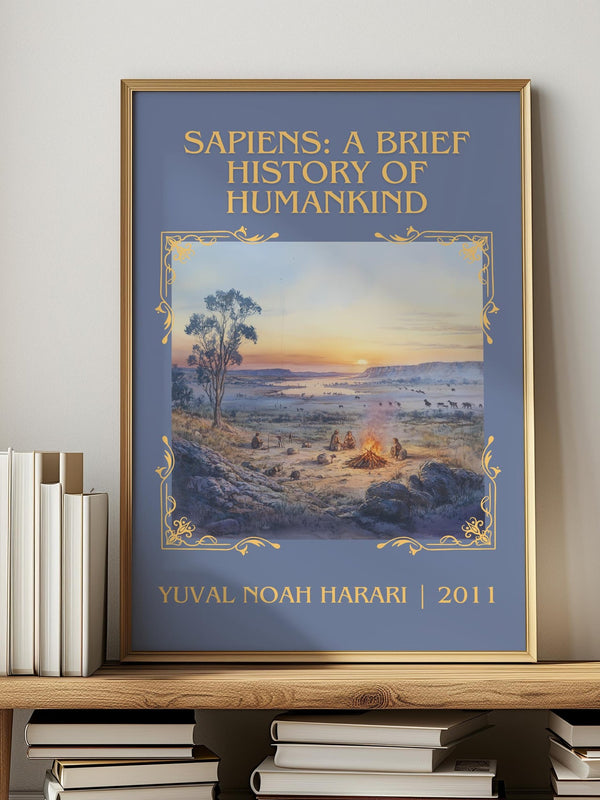 Sapiens: A Brief History of Humankind classic book art print in frame leaning in hallway – non fiction wall art