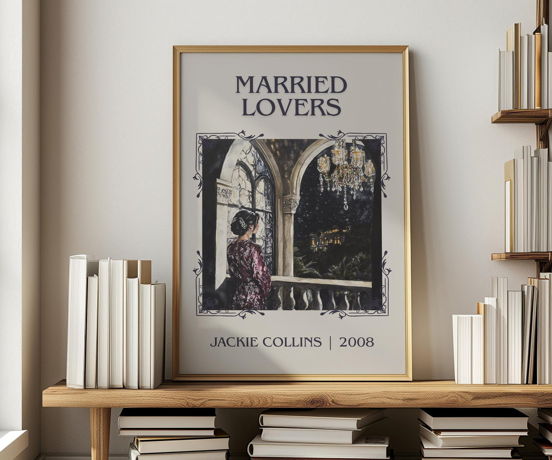 Married Lovers classic book art print in frame leaning in hallway – romance wall art (mockup)