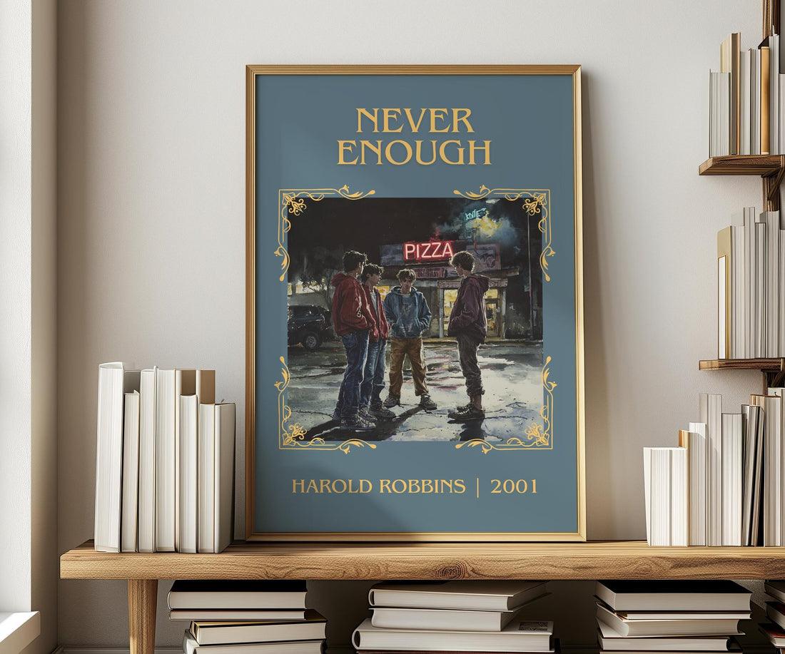 Never Enough classic book art print in frame leaning in hallway – romance wall art (mockup)
