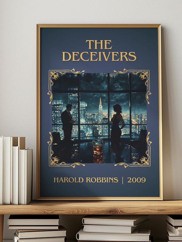 The Deceivers classic book art print in frame leaning in hallway – thriller wall art