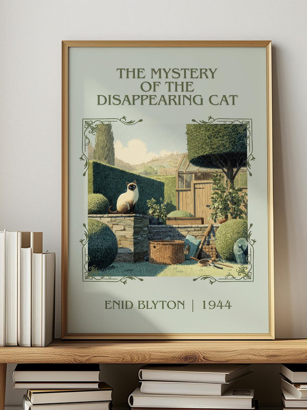 The Mystery of the Disappearing Cat classic book art print in frame leaning in hallway – mystery wall art