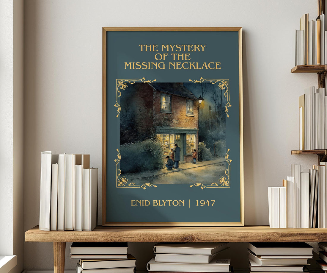 The Mystery Of The Missing Necklace classic book art print in frame leaning in hallway – childrens wall art (mockup)