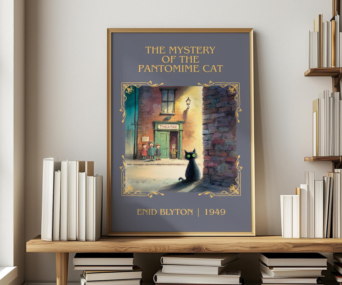 The Mystery of the Pantomime Cat classic book art print in frame leaning in hallway – mystery wall art (mockup)