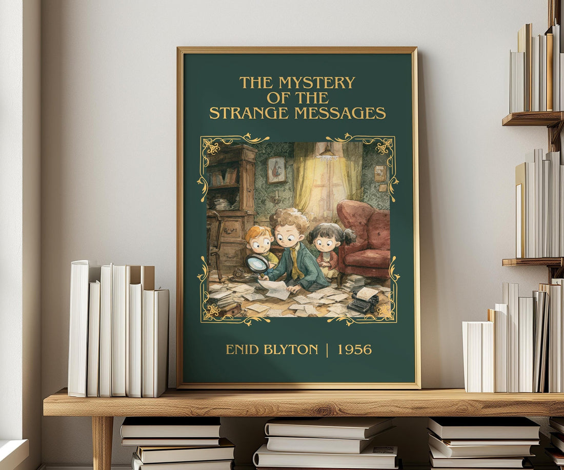 The Mystery of the Strange Messages classic book art print in frame leaning in hallway – childrens wall art (mockup)