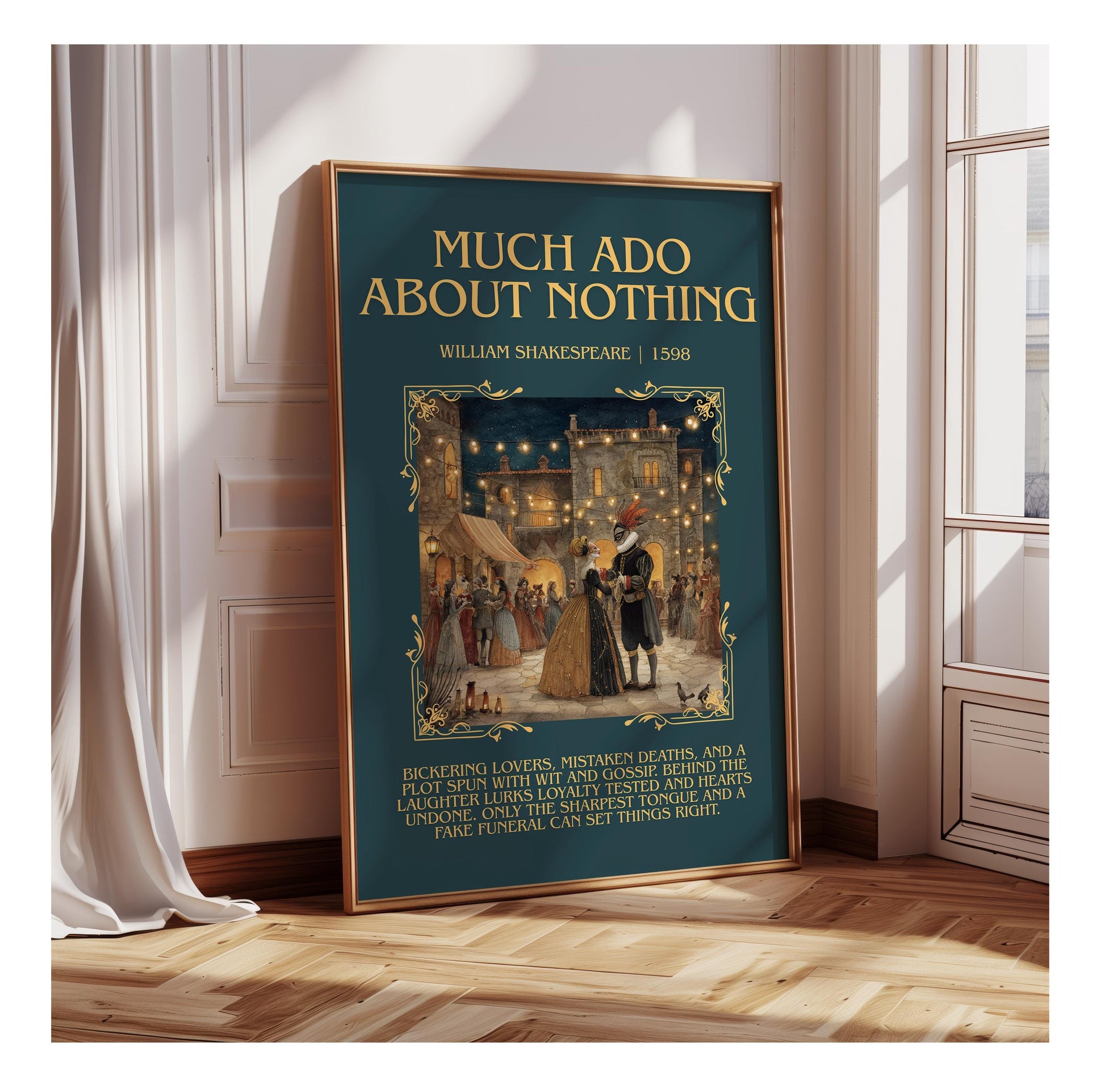 Much Ado About Nothing by William Shakespeare | Descriptive Book Poster | Blurby