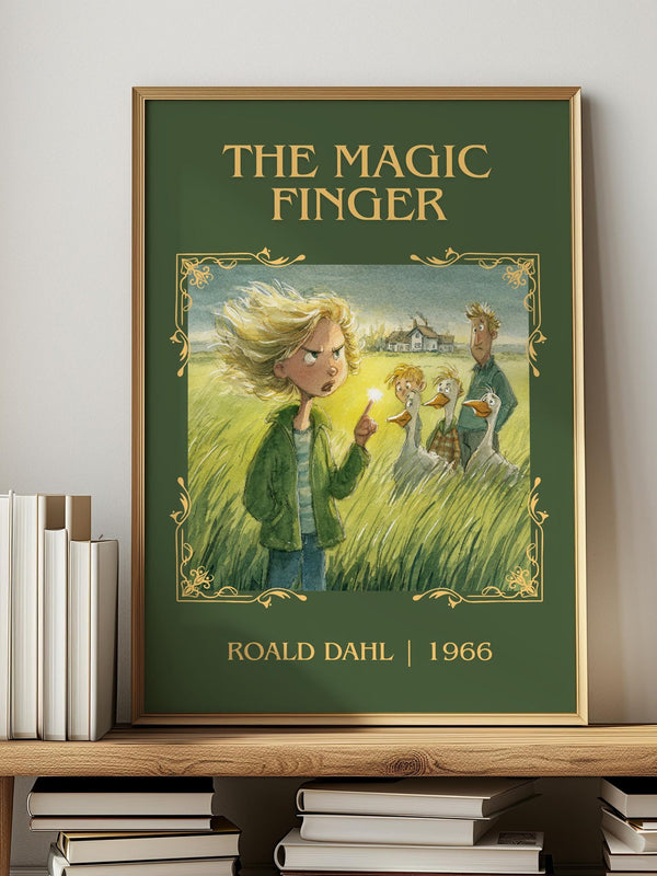The Magic Finger classic book art print in frame leaning in hallway – childrens wall art
