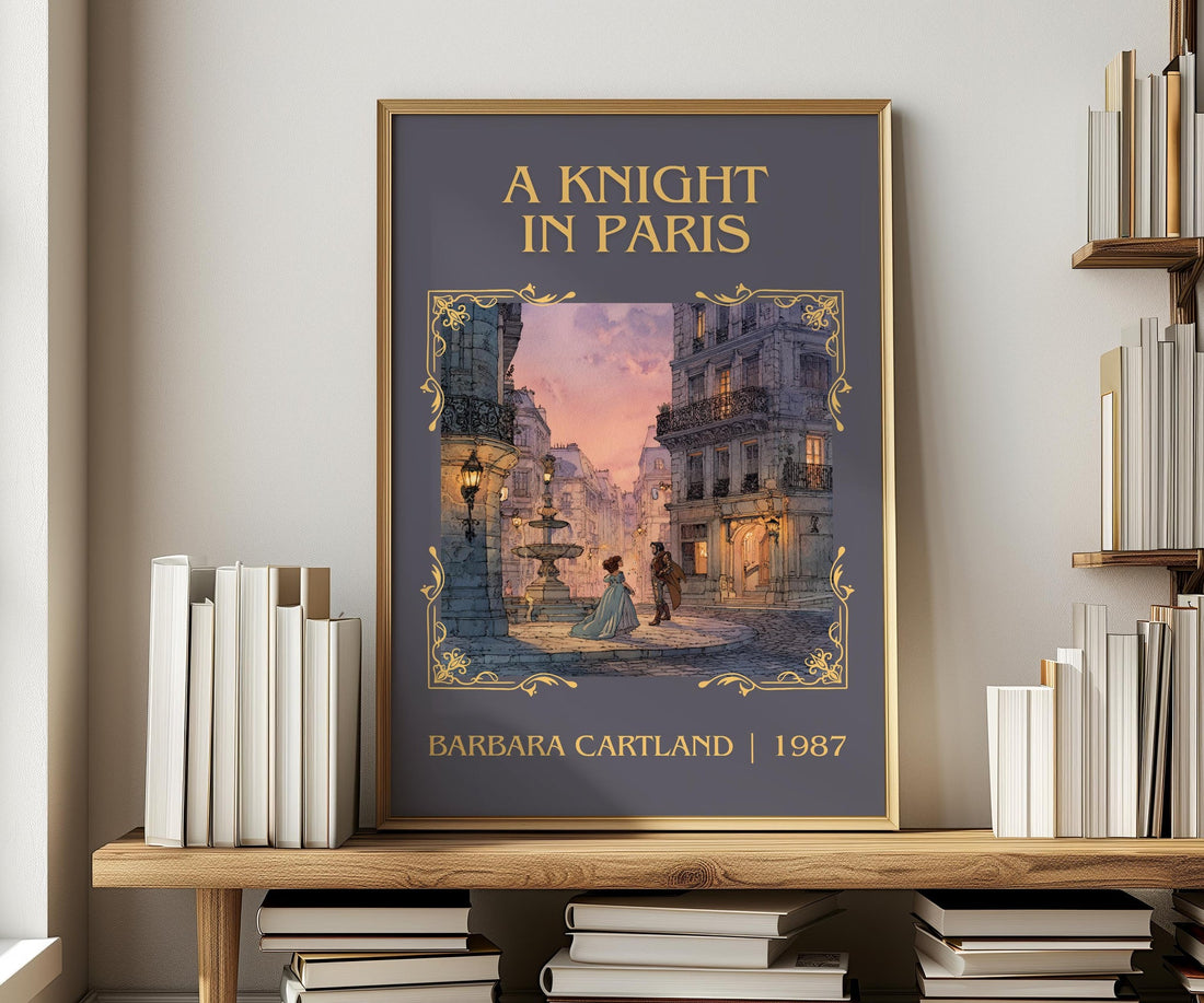 A Knight in Paris classic book art print in frame leaning in hallway – romance wall art (mockup)