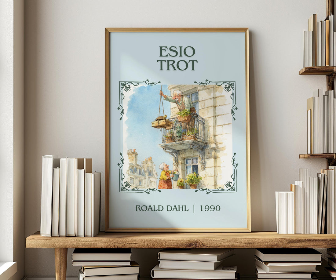 Esio Trot classic book art print in frame leaning in hallway – childrens wall art (mockup)