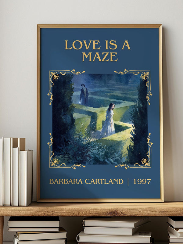 Love Is a Maze classic book art print in frame leaning in hallway – romance wall art