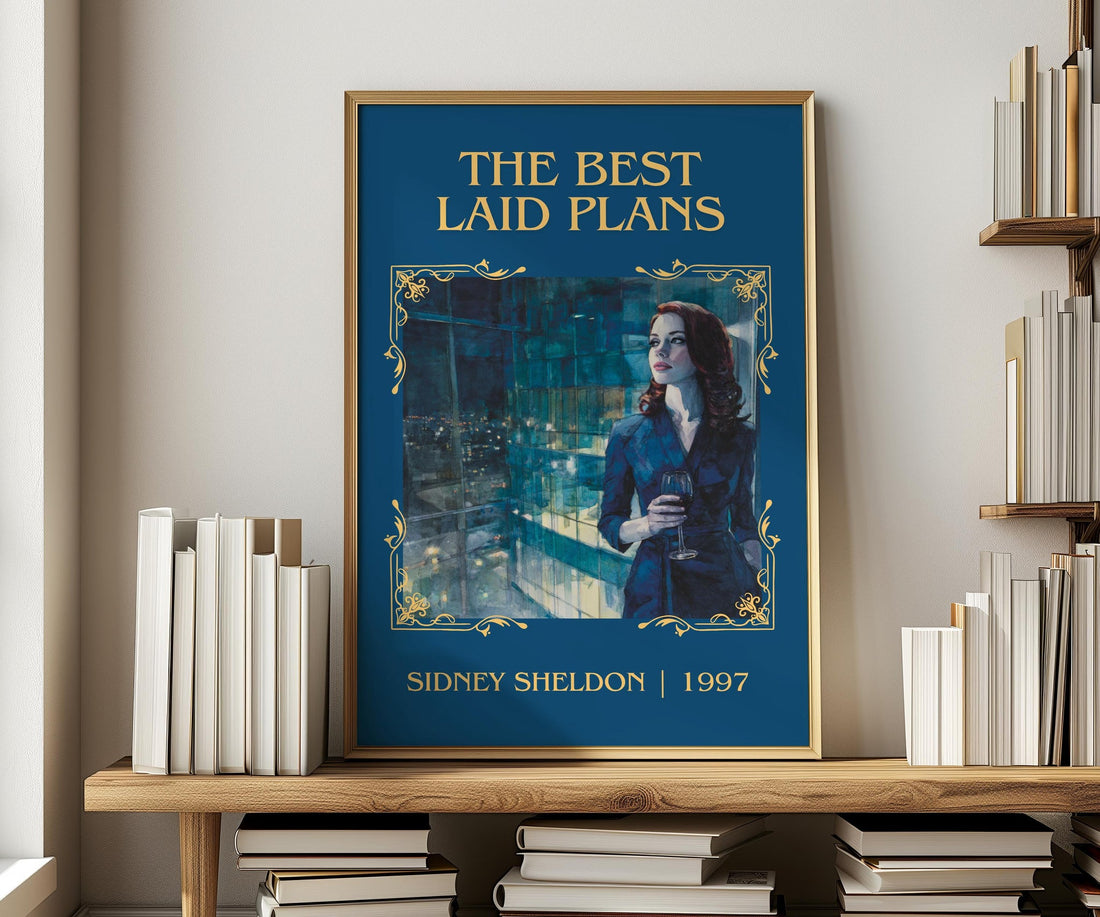 The Best Laid Plans classic book art print in frame leaning in hallway – contemporary fiction wall art (mockup)