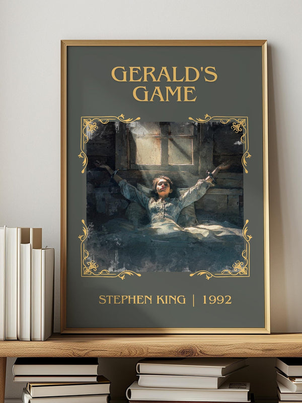 Gerald's Game classic book art print in frame leaning in hallway – horror wall art