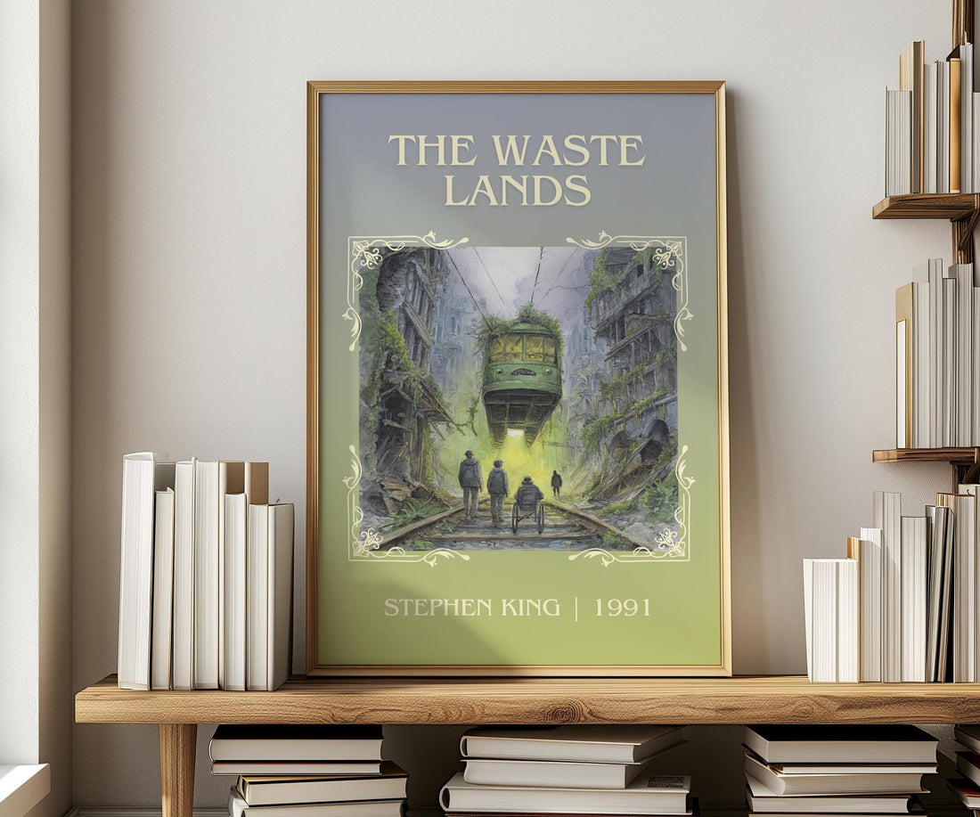 The waste lands classic book art print in frame leaning in hallway – fantasy wall art (mockup)