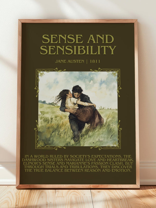 Sense and Sensibility minimalist print in frame leaning in hallway – classic literature wall art