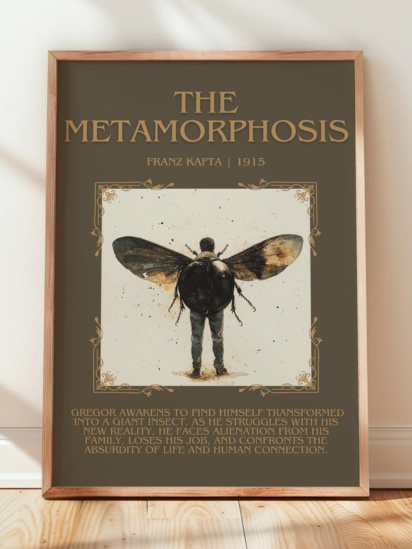 Metamorphosis minimalist print in frame leaning in hallway – literary fiction wall art