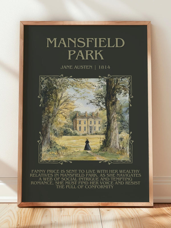 Mansfield Park minimalist print in frame leaning in hallway – classic literature wall art