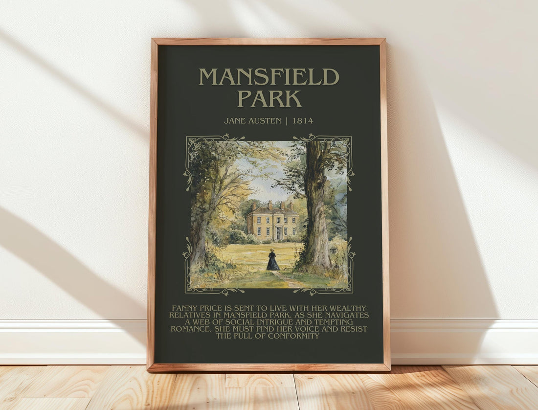 Mansfield Park minimalist print in frame leaning in hallway – classic literature wall art (mockup)