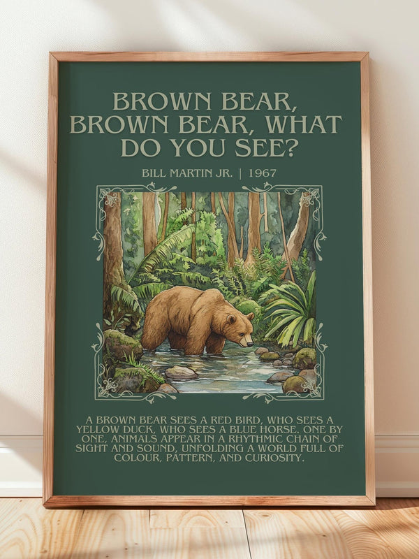 Brown Bear, Brown Bear, What Do You See? minimalist print in frame leaning in hallway – childrens wall art