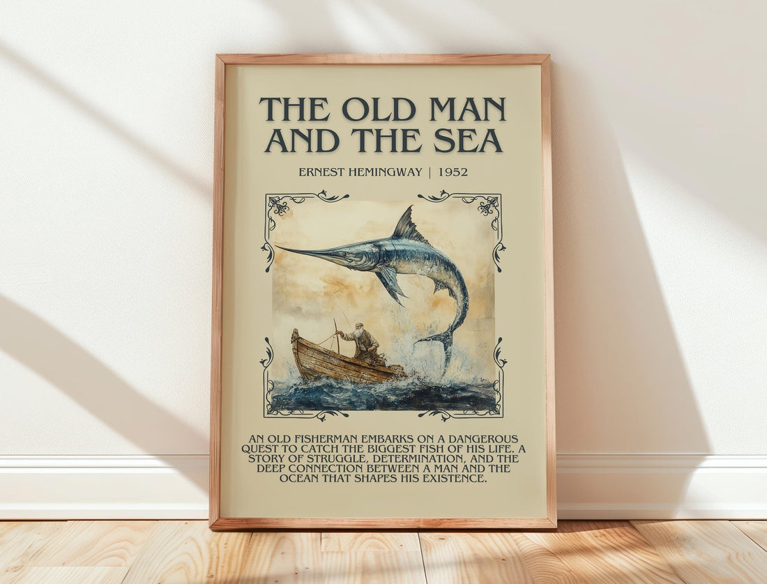 The Old Man and the Sea minimalist print in frame leaning in hallway – classic literature wall art (mockup)