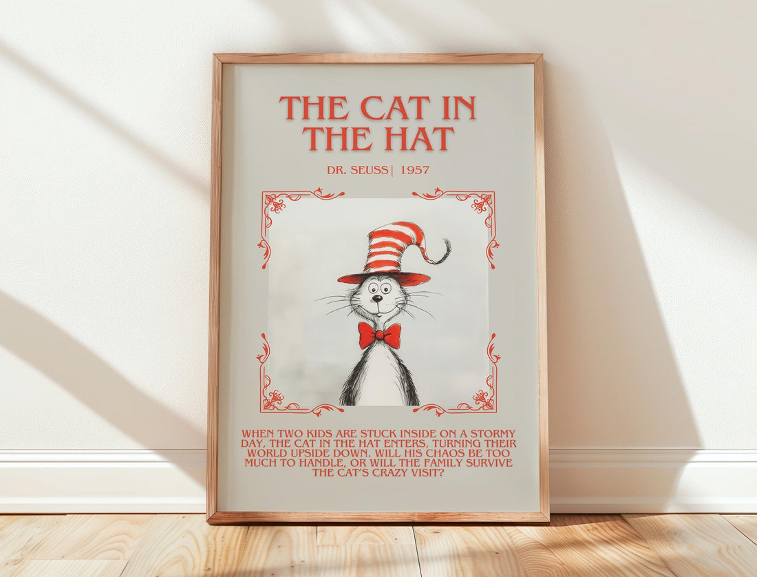 The Cat in the Hat minimalist print in frame leaning in hallway – childrens wall art (mockup)