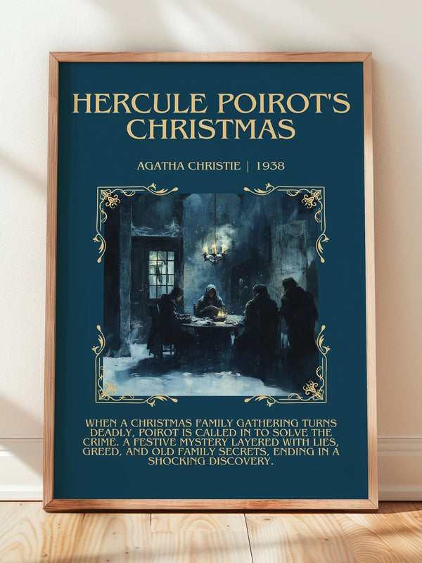 Hercule Poirot's Christmas minimalist print in frame leaning in hallway – mystery wall art