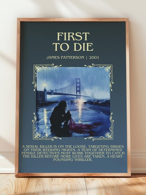 First To Die minimalist print in frame leaning in hallway – thriller wall art