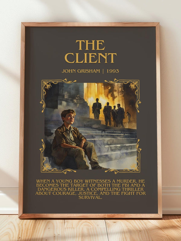 The Client minimalist print in frame leaning in hallway – thriller wall art
