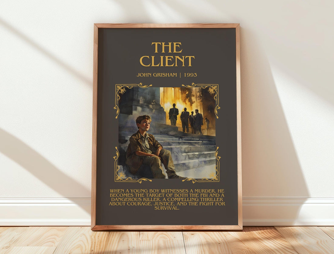 The Client minimalist print in frame leaning in hallway – thriller wall art (mockup)