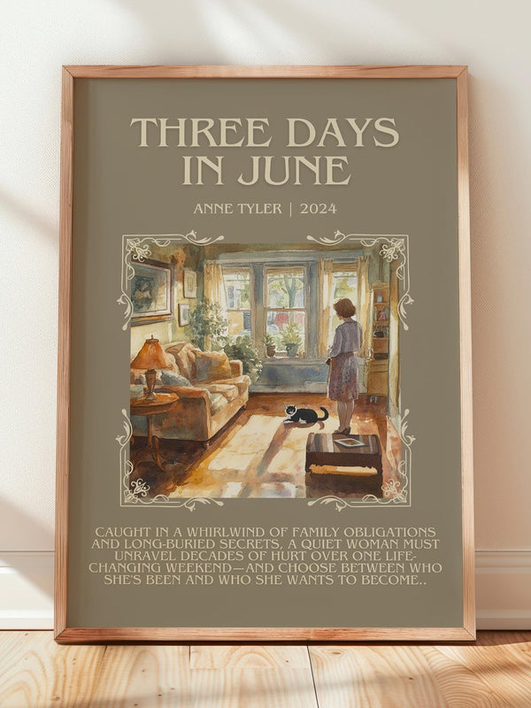 Three Days In June minimalist print in frame leaning in hallway – contemporary fiction wall art