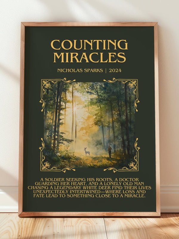 Counting Miracles minimalist print in frame leaning in hallway – romance wall art
