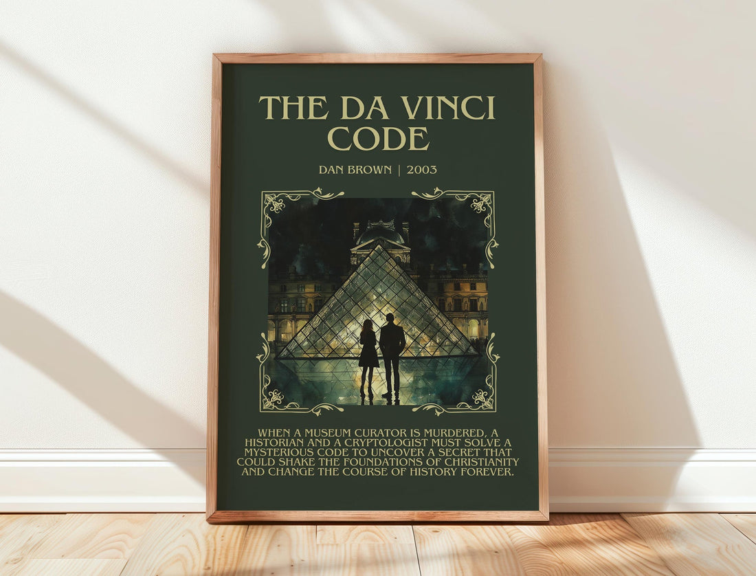 The Da Vinci Code minimalist print in frame leaning in hallway – thriller wall art (mockup)