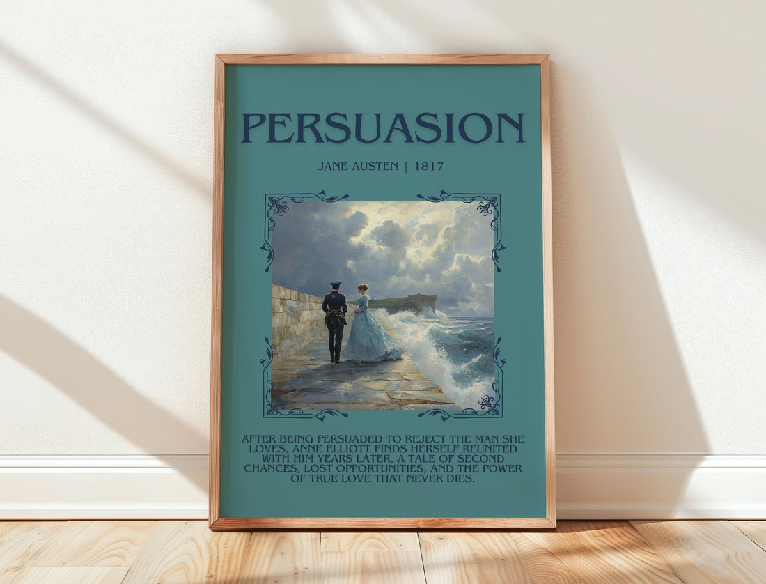 Persuasion minimalist print in frame leaning in hallway – classic literature wall art (mockup)