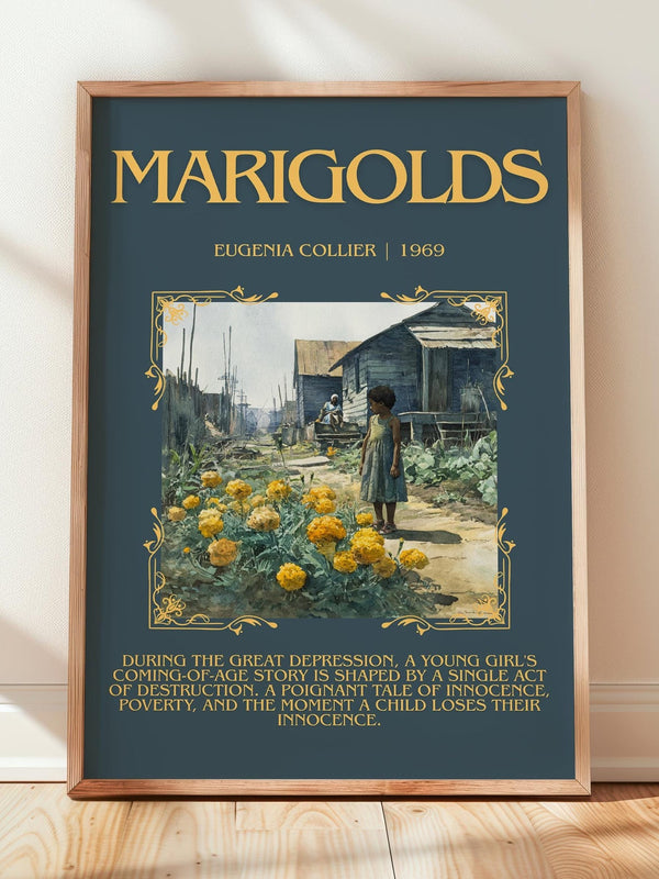 Marigolds minimalist print in frame leaning in hallway – literary fiction wall art
