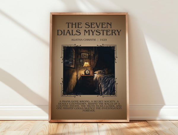 The Seven Dials Mystery minimalist print in frame leaning in hallway – mystery wall art