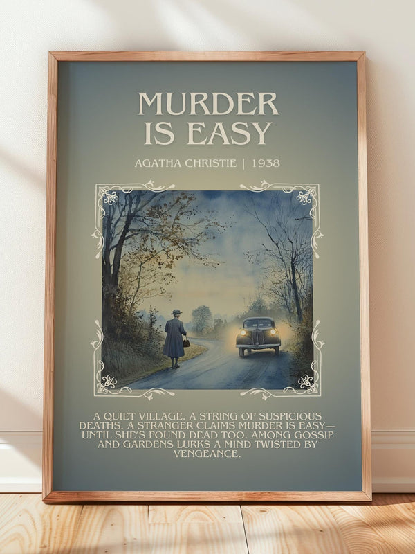 Murder Is Easy minimalist print in frame leaning in hallway – mystery wall art