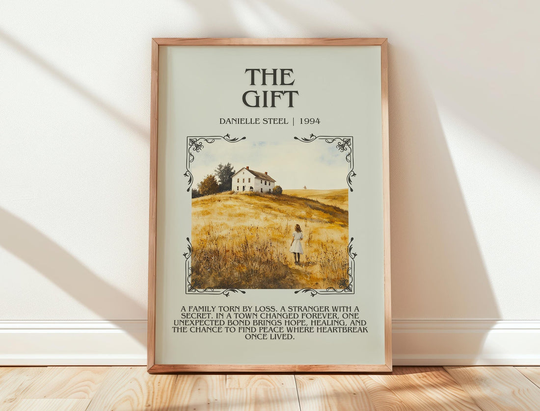 The Gift minimalist print in frame leaning in hallway – romance wall art (mockup)