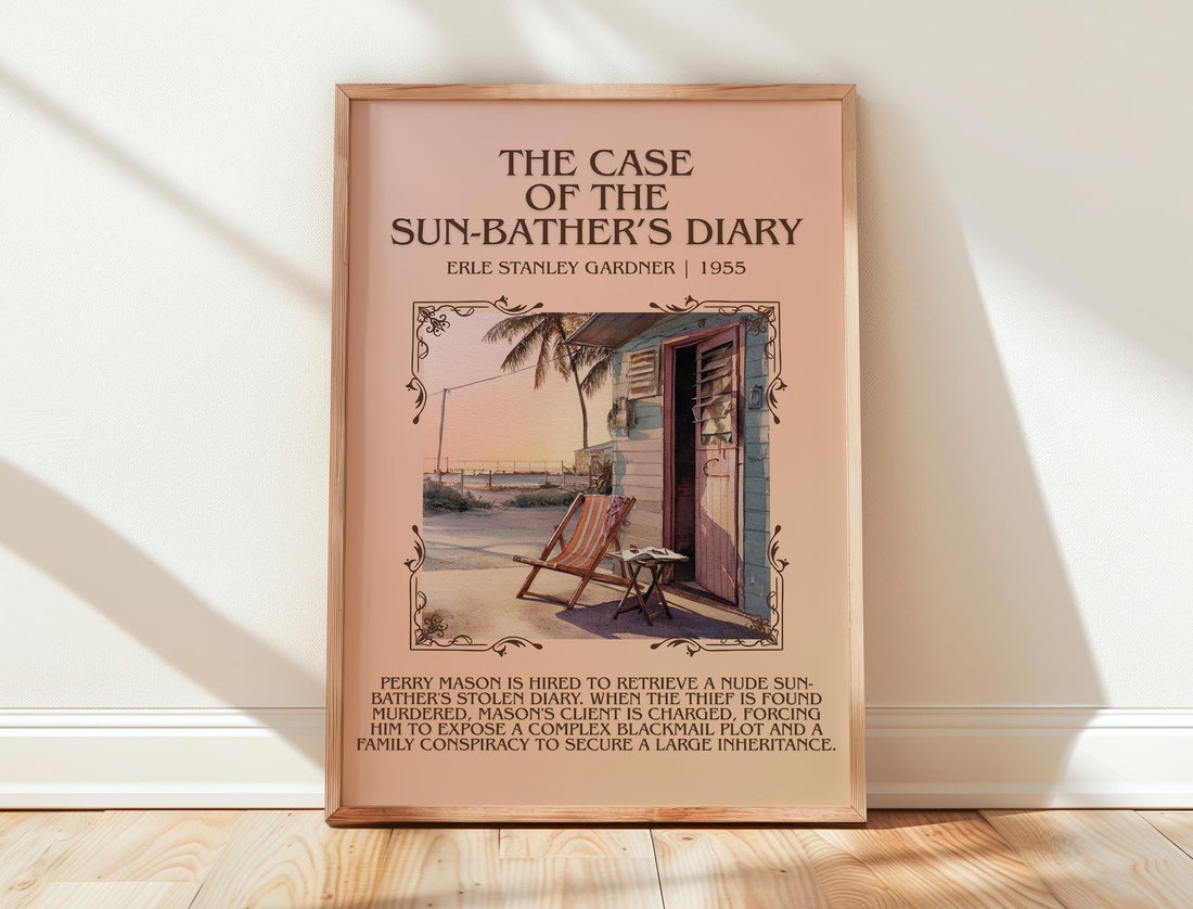 The Case of the Sun Bather's Diary minimalist print in frame leaning in hallway – mystery wall art (mockup)