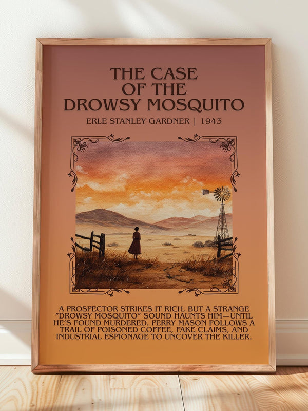 The Case of the Drowsy Mosquito minimalist print in frame leaning in hallway – mystery wall art