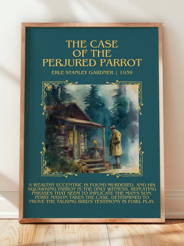 The Case Of The Perjured Parrot minimalist print in frame leaning in hallway – mystery wall art