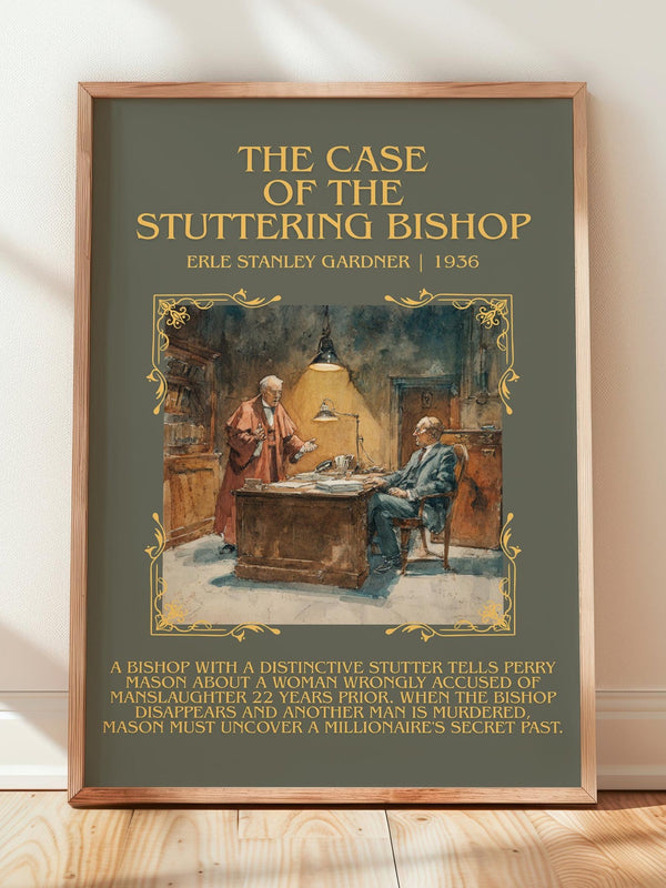 The Case of the Stuttering Bishop minimalist print in frame leaning in hallway – mystery wall art