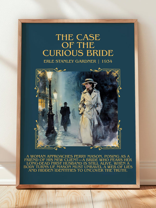 The Case of the Curious Bride minimalist print in frame leaning in hallway – mystery wall art