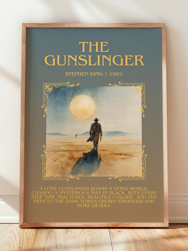 The Gunslinger minimalist print in frame leaning in hallway – fantasy wall art