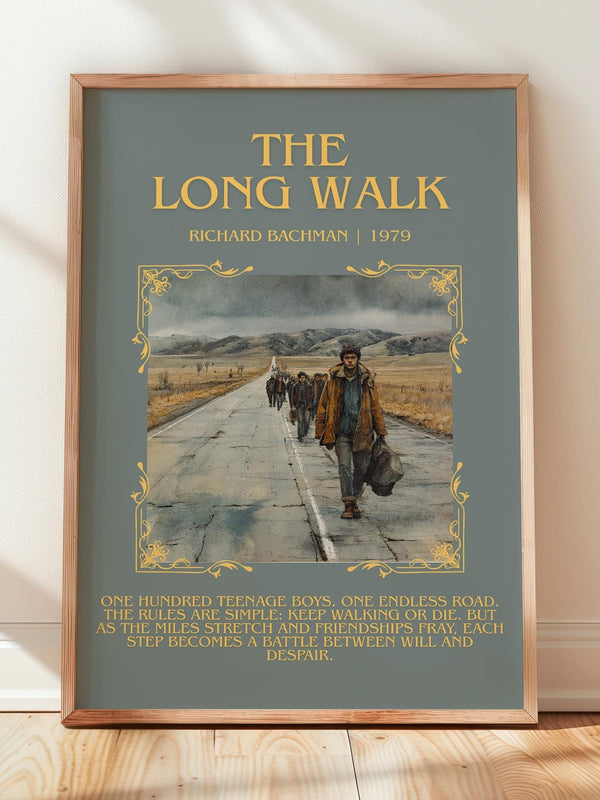 The Long Walk minimalist print in frame leaning in hallway – dystopian wall art
