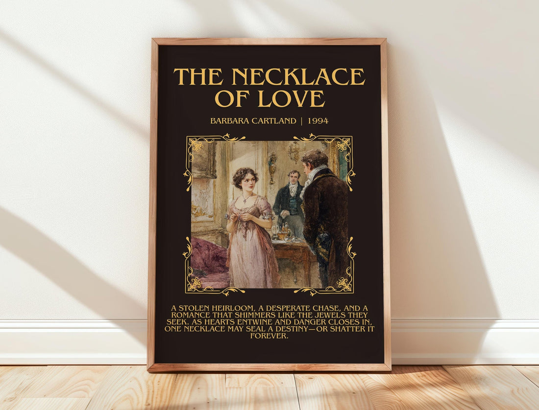 The Necklace of Love minimalist print in frame leaning in hallway – romance wall art (mockup)