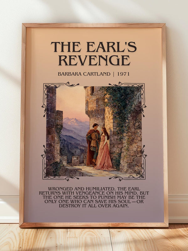 The Earl's Revenge minimalist print in frame leaning in hallway – romance wall art