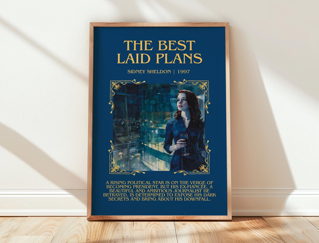 The Best Laid Plans minimalist print in frame leaning in hallway – contemporary fiction wall art (mockup)