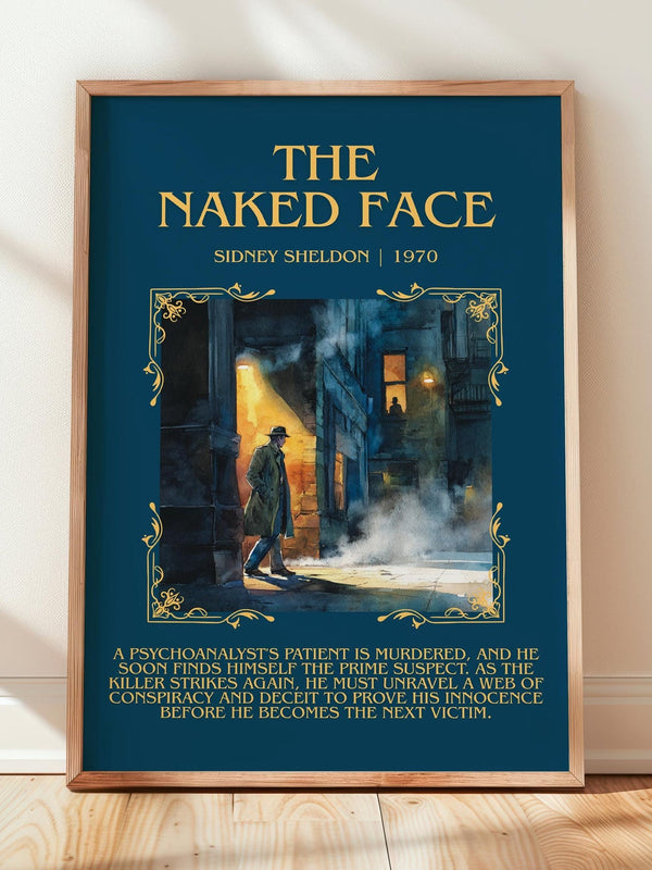 The Naked Face minimalist print in frame leaning in hallway – thriller wall art