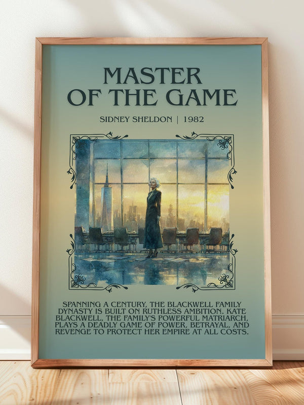 Master of the Game minimalist print in frame leaning in hallway – thriller wall art